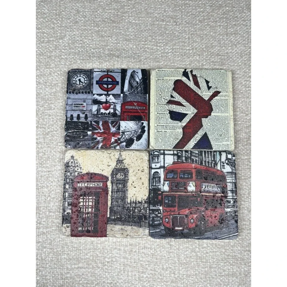 Natural Stone Ivory Travertine Coasters Set of 4 English Landmark Theme Big Ben